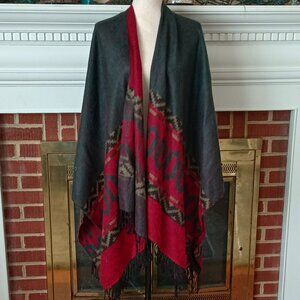 Forum Panco Tassel Open Poncho Gray Red Southwestern Pattern Shawl Cape Wrap